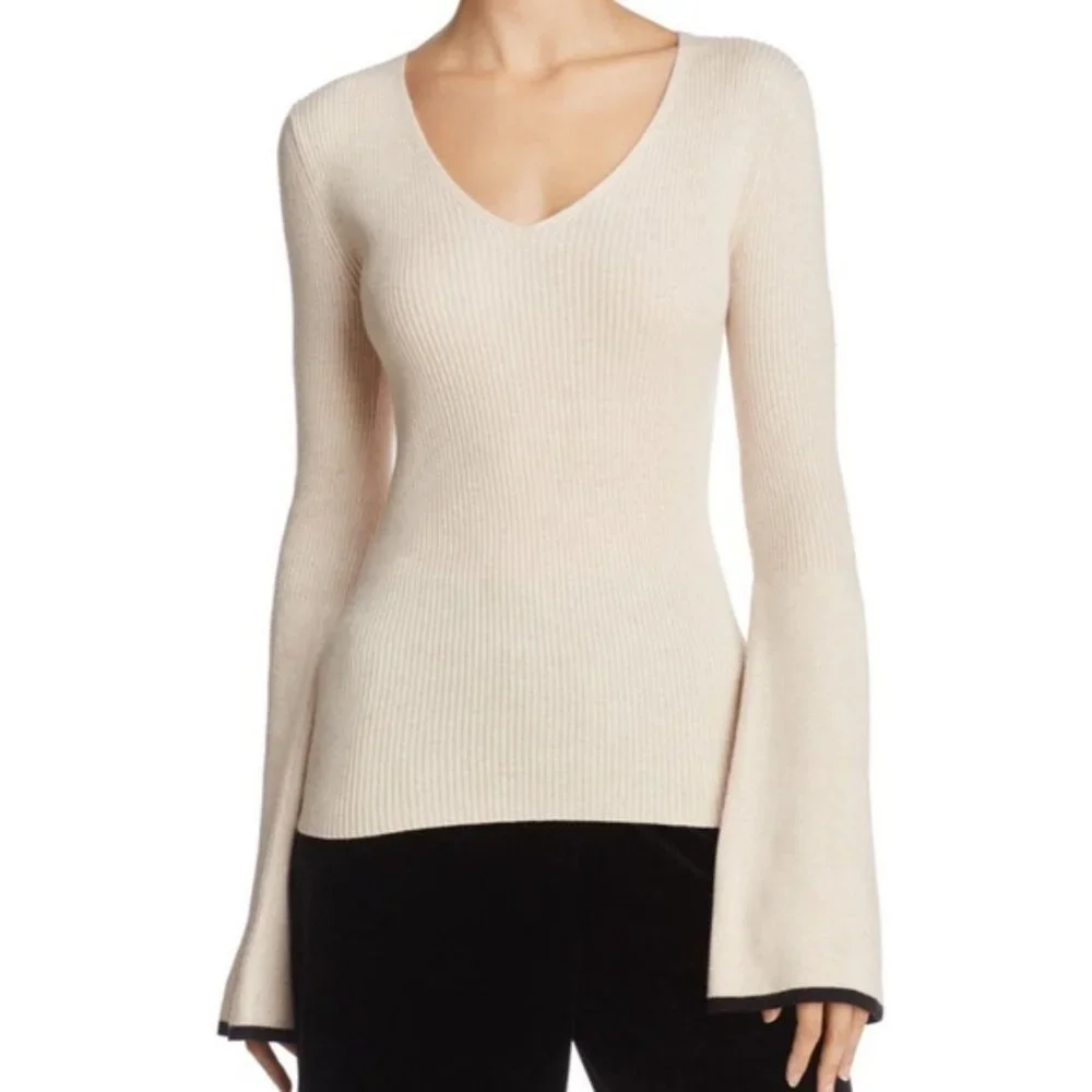 French Connection Virgie White Ribbed Bell Sleeve Sweater, Medium - Picture 1 of 7